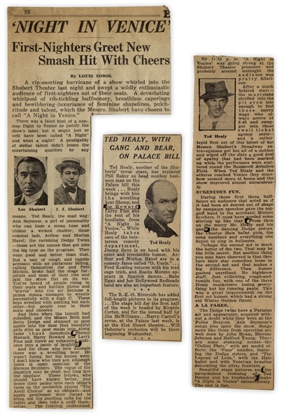 Moe Howard Newspaper Clipping From 1929 Signed ''Me'' of ''Ted Healy and His Racketeers'', With Arrows Pointing to the Four -- With 3 Other Clippings on Verso -- Glued on Paper, Very Good Condition